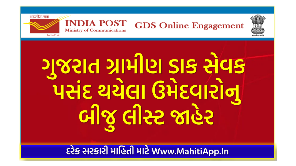 ગુજરાત ગ્રામીણ ડાક સેવક પસંદ થયેલા ઉમેદવારોનુ બીજુ લીસ્ટ જાહેર